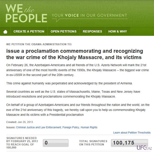 Число подписавших петицию на официальной странице Белого дома в связи с поминовением ходжалинского геноцида превысило 100 тысяч человек